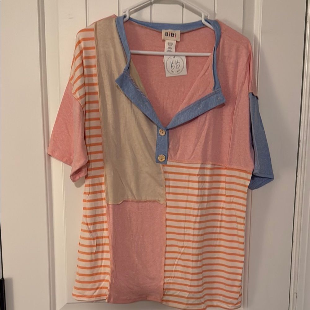 BiBi NWT Women Large Patchwork Colorblock Striped Top Henley Button Knit Shirt L